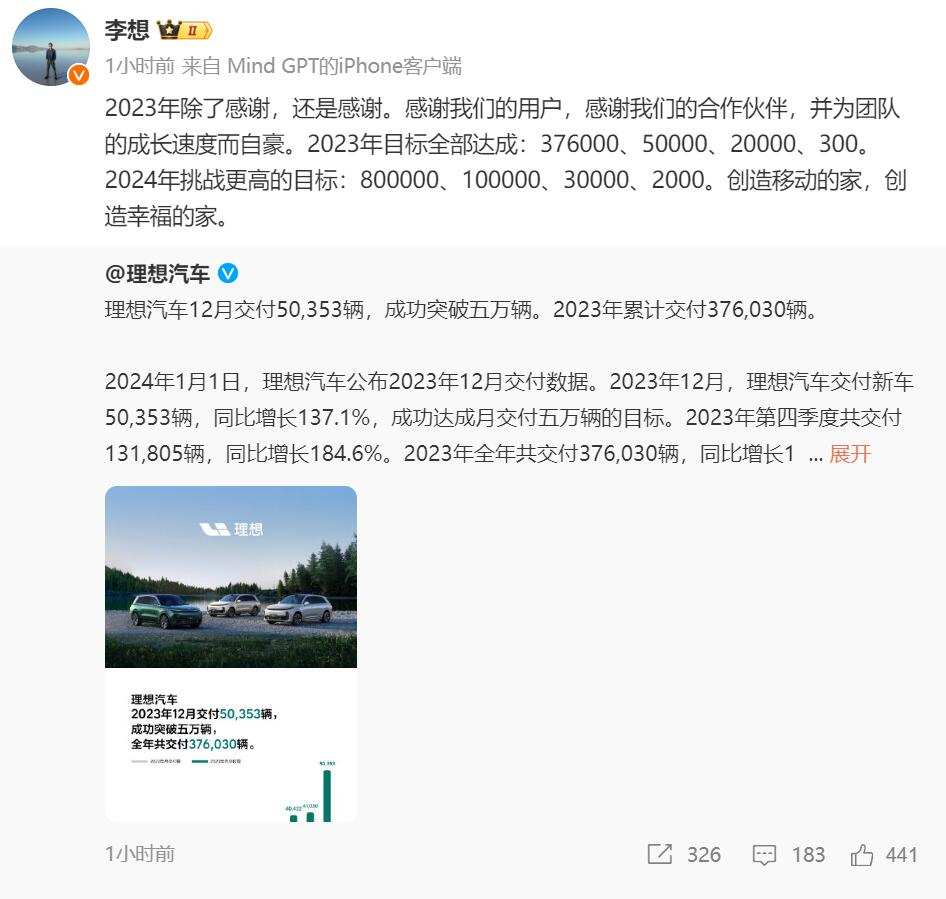 首席执行官暗示，理想汽车将在2024年挑战10万月交付量和80万年交付量