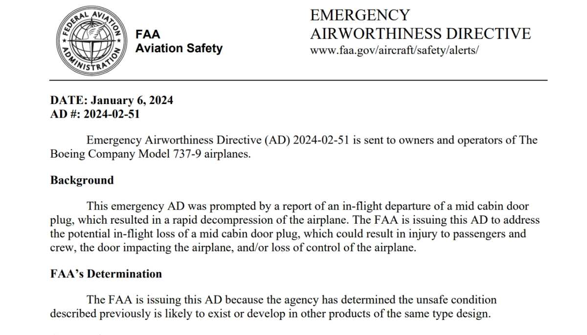 (紧急适航命令,来源:FAA)