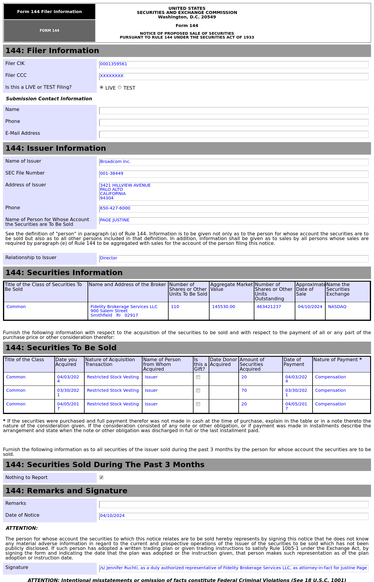Form 144 | 博通(AVGO.US)董事擬出售110股，价值約14.55萬美元