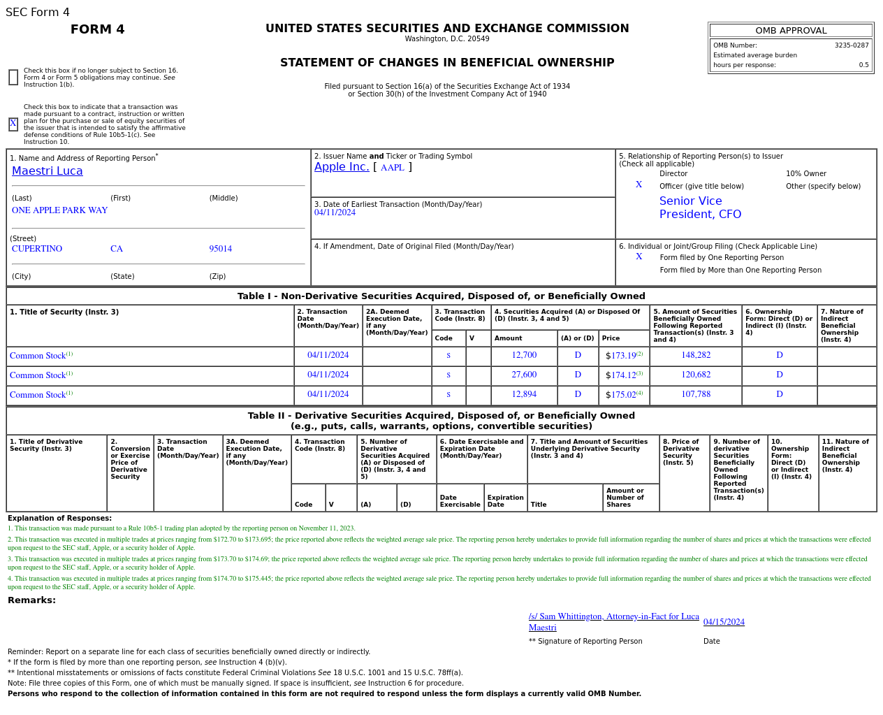 Apple(AAPL.US) Officer Sells US$9.26 Million in Common Stock