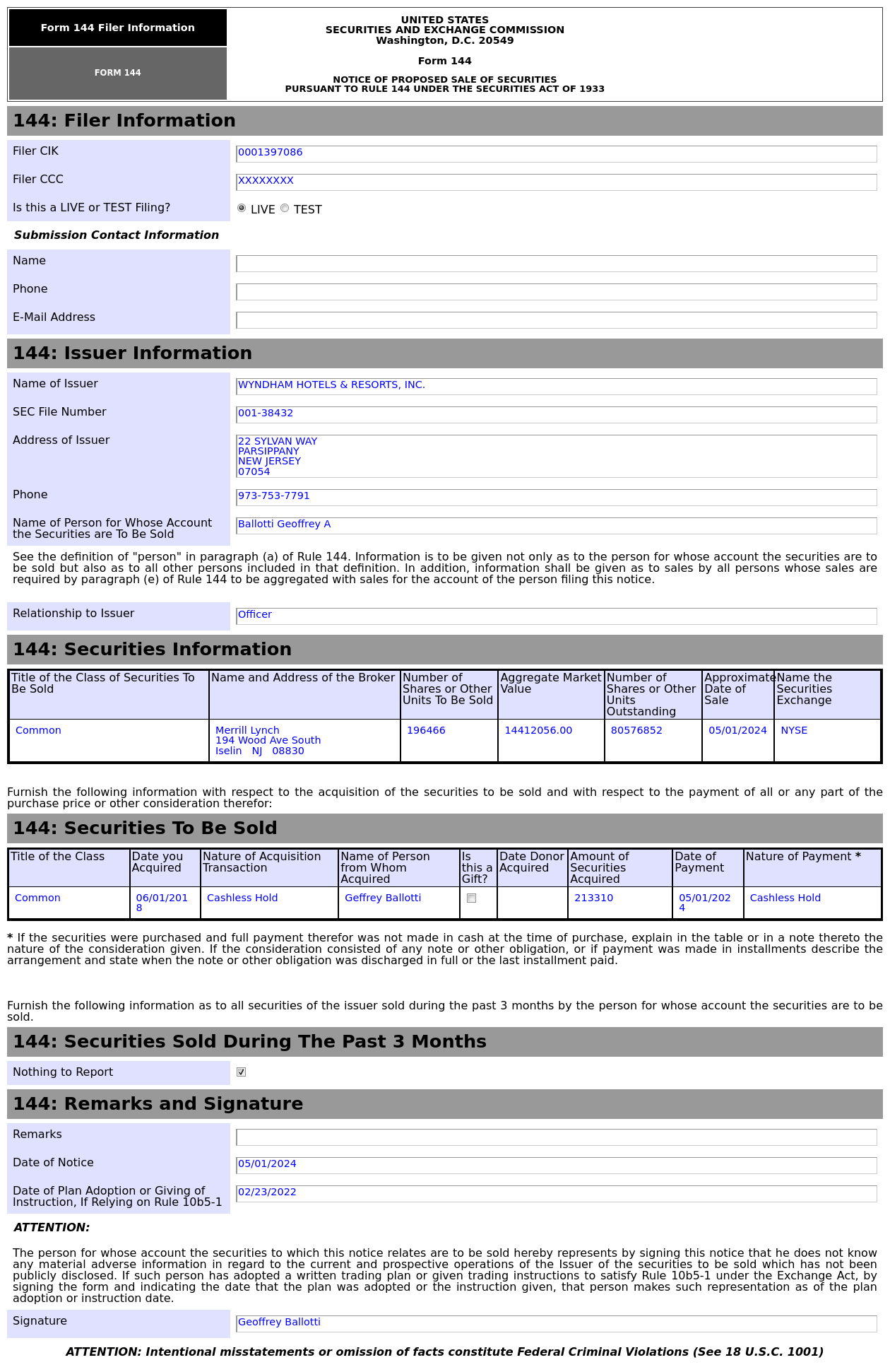 Form 144 | Wyndham Hotels & Resorts(WH.US)高管拟出售19.65万股股份，价值约1,441.21万美元