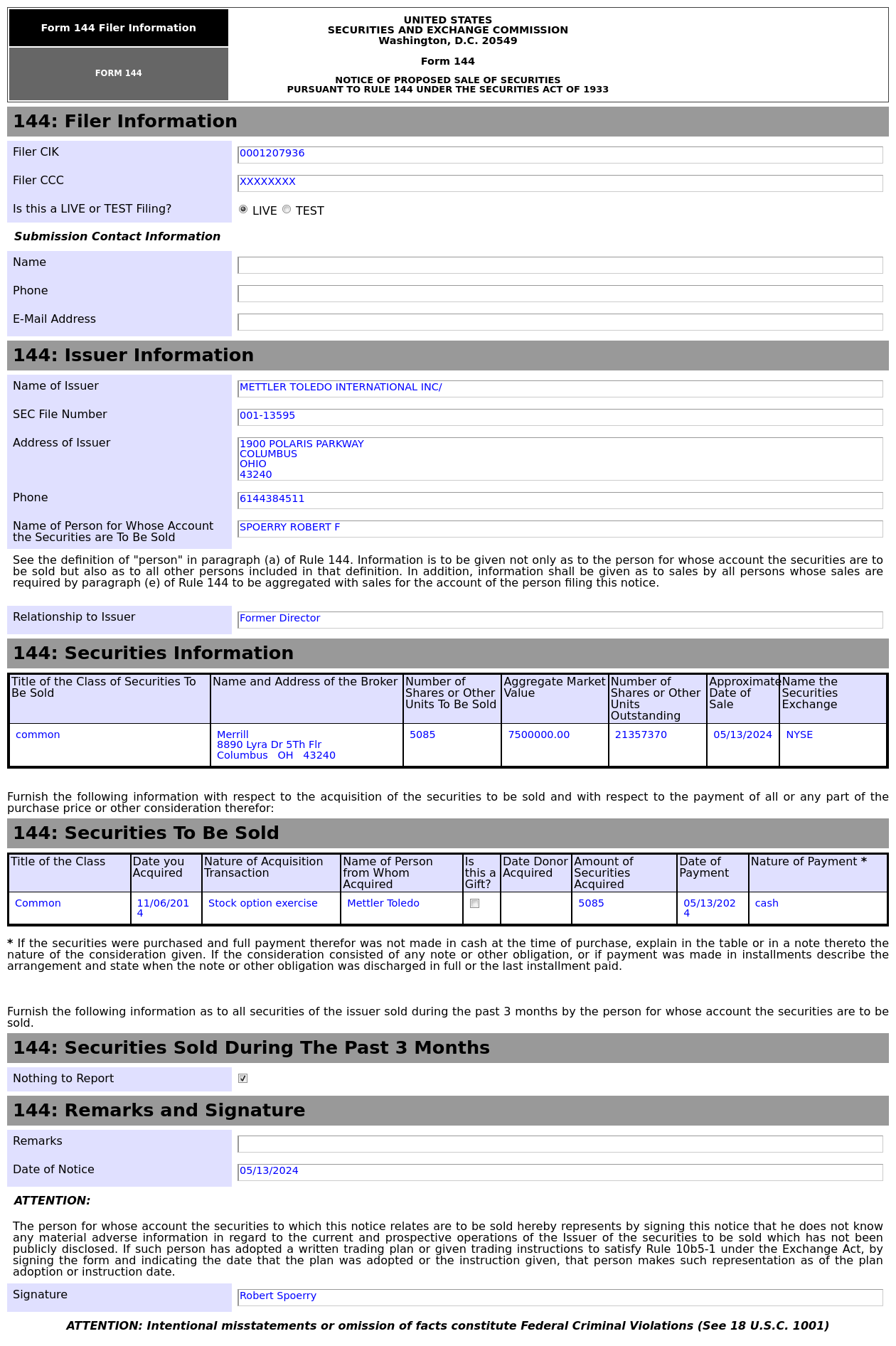 Form 144 | 梅特勒-托利多(MTD.US)关联方拟出售5,085股股份，价值约750万美元
