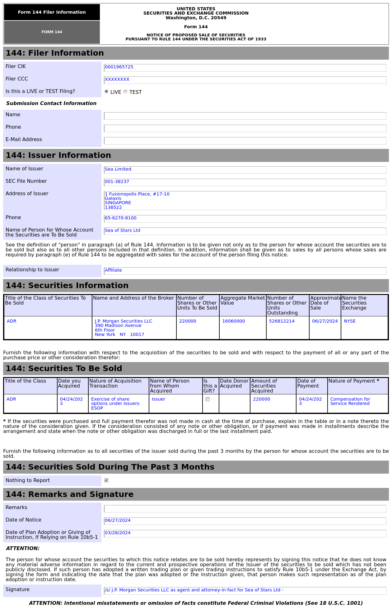 Form 144 | Sea(SE.US)关联方拟出售22万股股份，价值约1,606万美元