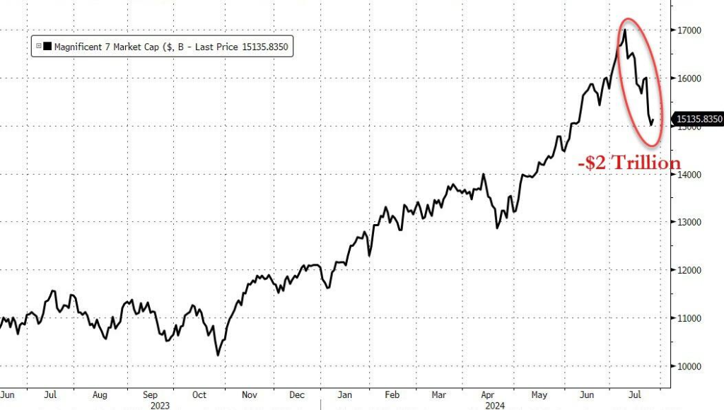 自7月10日达到峰值以来，七巨头股票的市值已下跌了惊人的2万亿美元