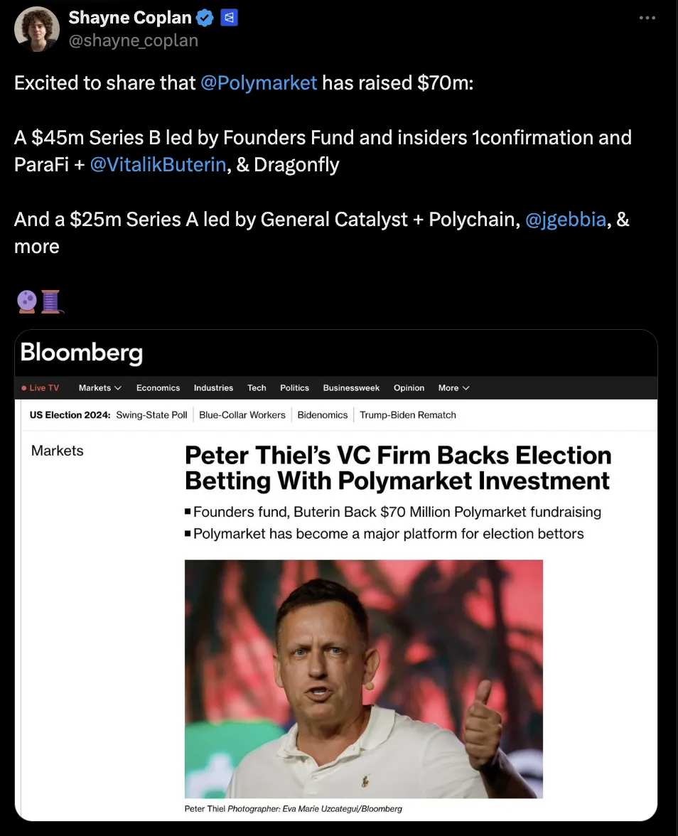 Polymarket 获得彼得·蒂尔等人的投资|图片来源:X