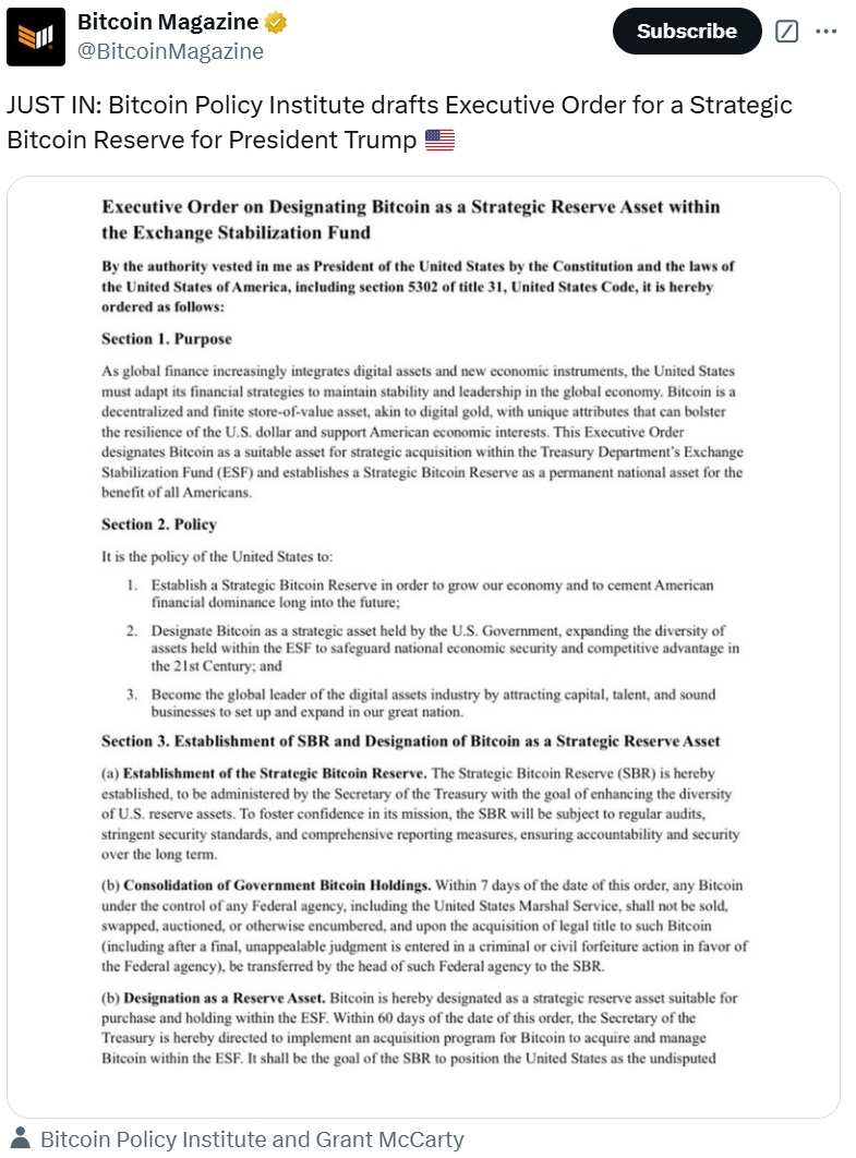 突发重磅！“美国比特币战略储备”行政命令：比特币列为永久国家资产管理巩固未来金融主导地位