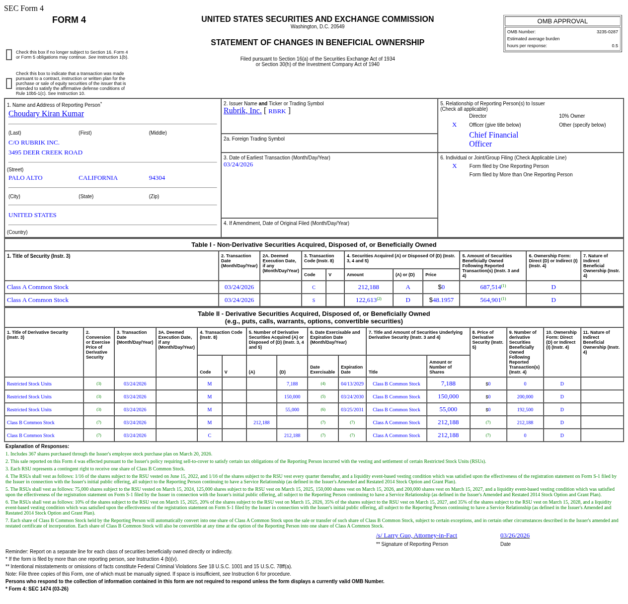 Rubrik(RBRK.US)Choudary Kiran Kumar售出12.26萬股普通股股份，價值約590.94萬美元
