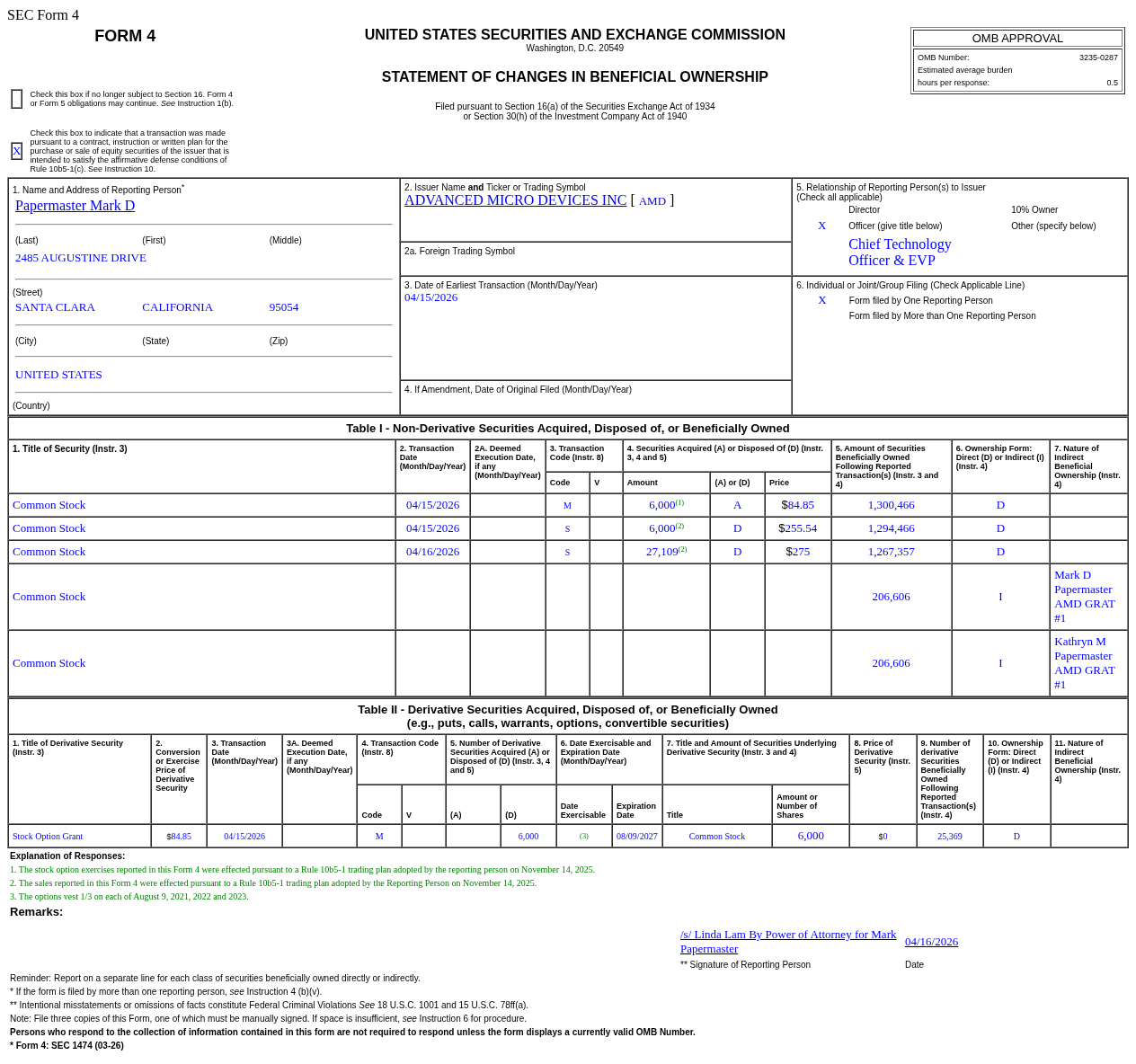 美国超微公司(AMD.US)Papermaster Mark D售出3.31万股普通股股份，价值约898.82万美元
