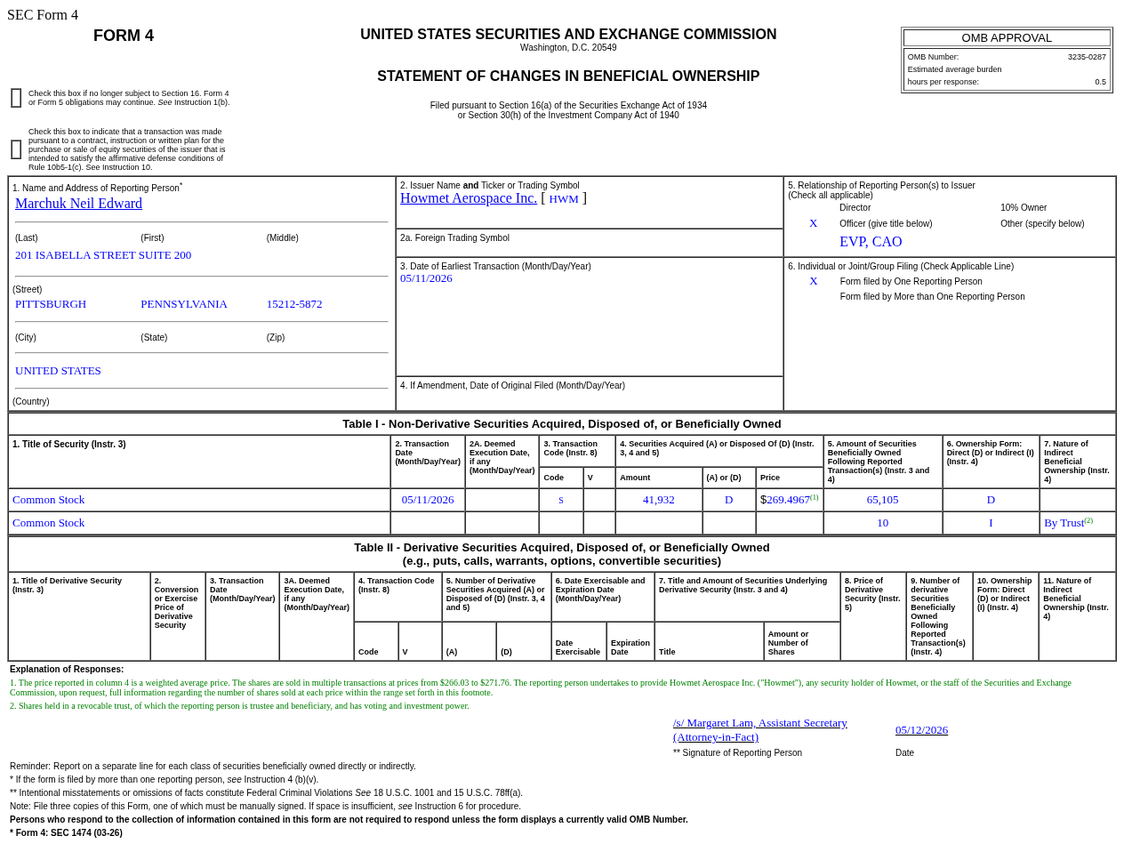 Howmet Aerospace(HWM.US)Marchuk Neil Edward售出4.19萬股普通股股份，價值約1,130.05萬美元