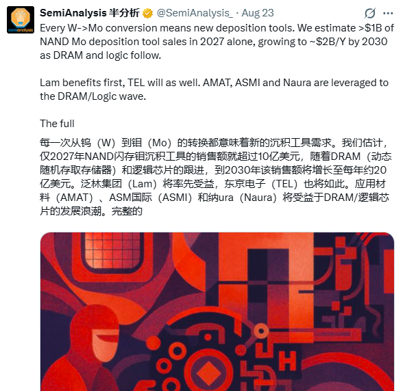 “钼”成300层+NAND必选项 机构:沉积设备迎10亿美元增量市场