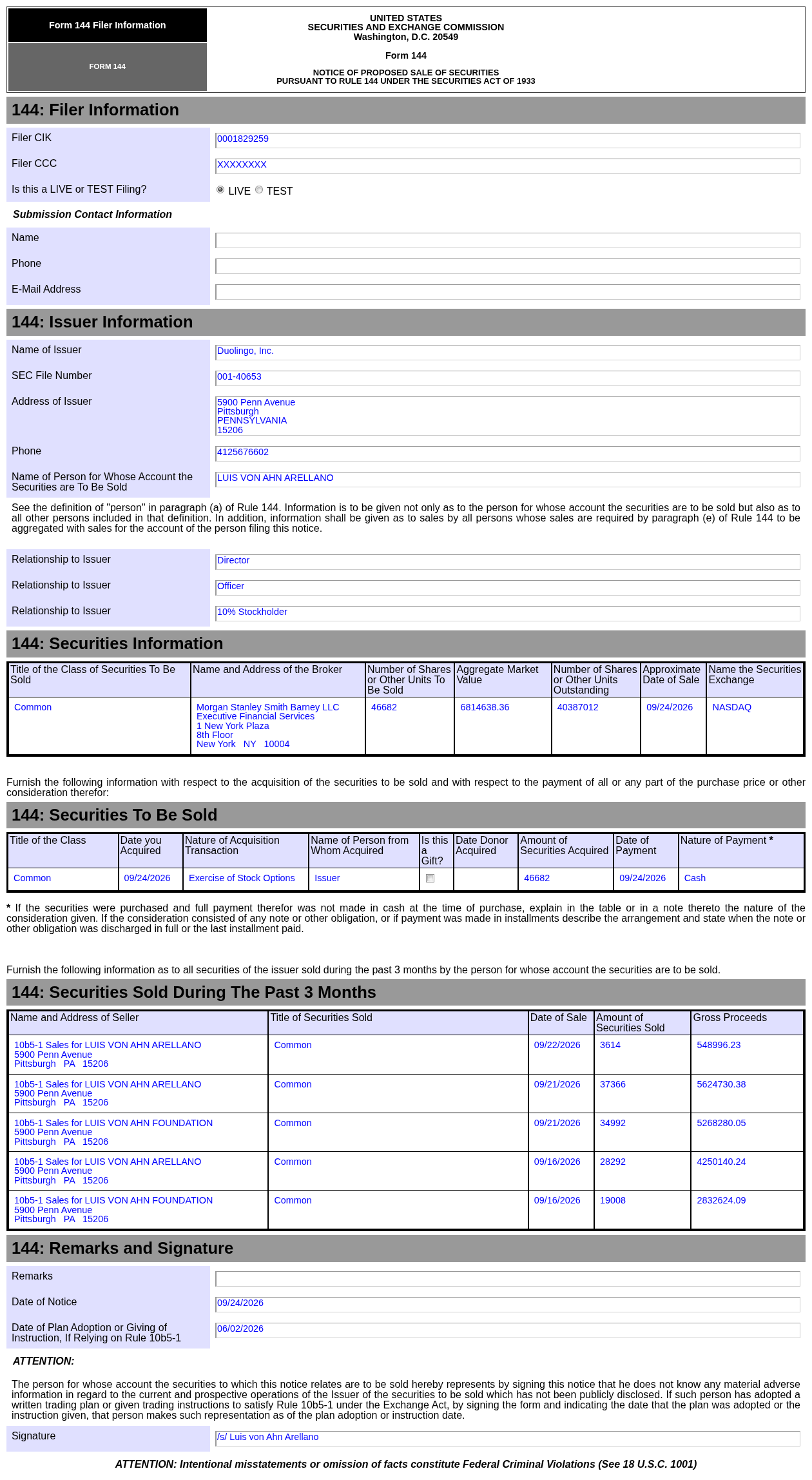 Form 144 | 多鄰國(DUOL.US)董事擬出售4.67萬股，价值約681.46萬美元